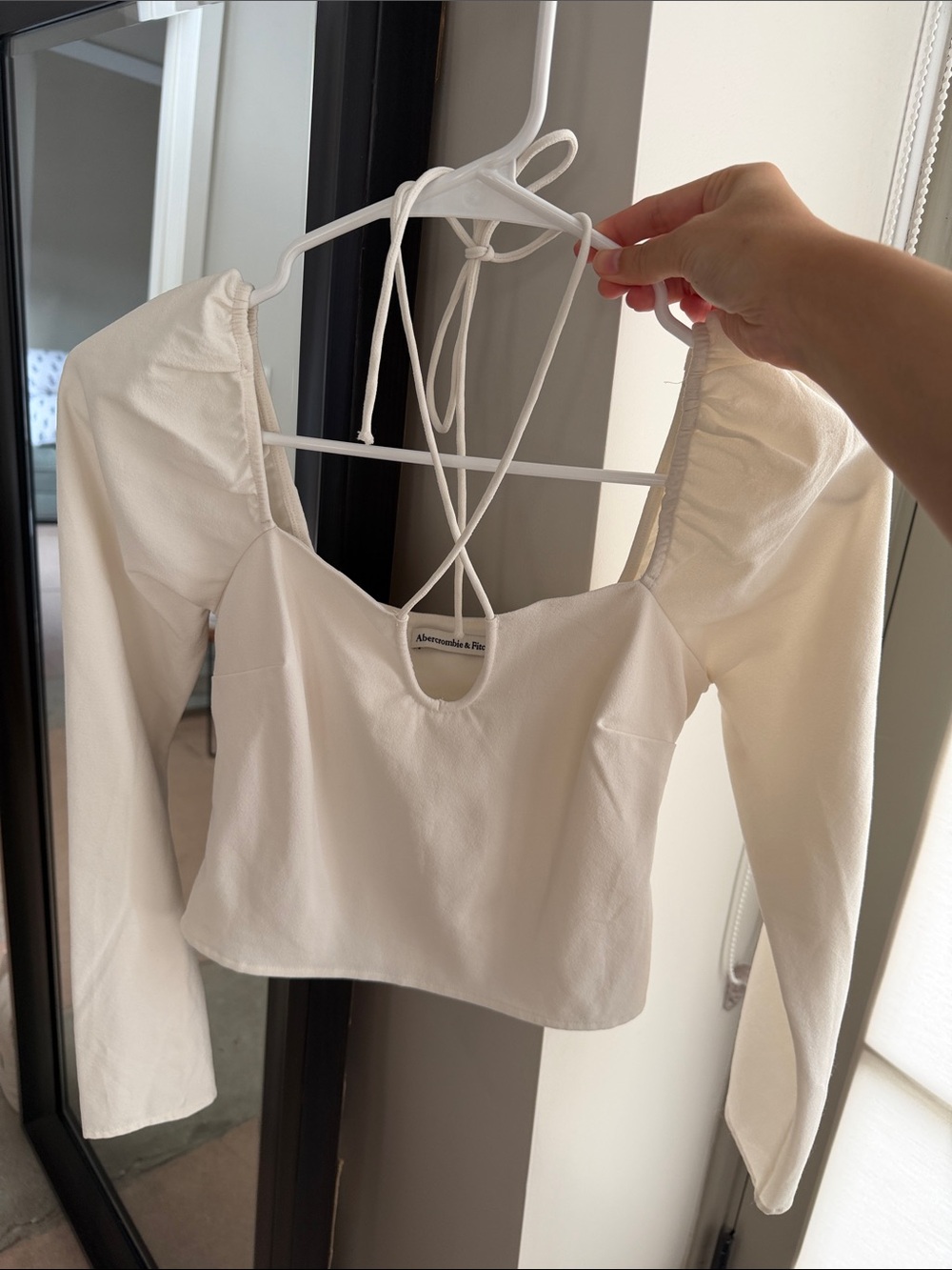 Abercrombie & Fitch Cream Long Sleeve Square Neck Crop Top with Back Tie